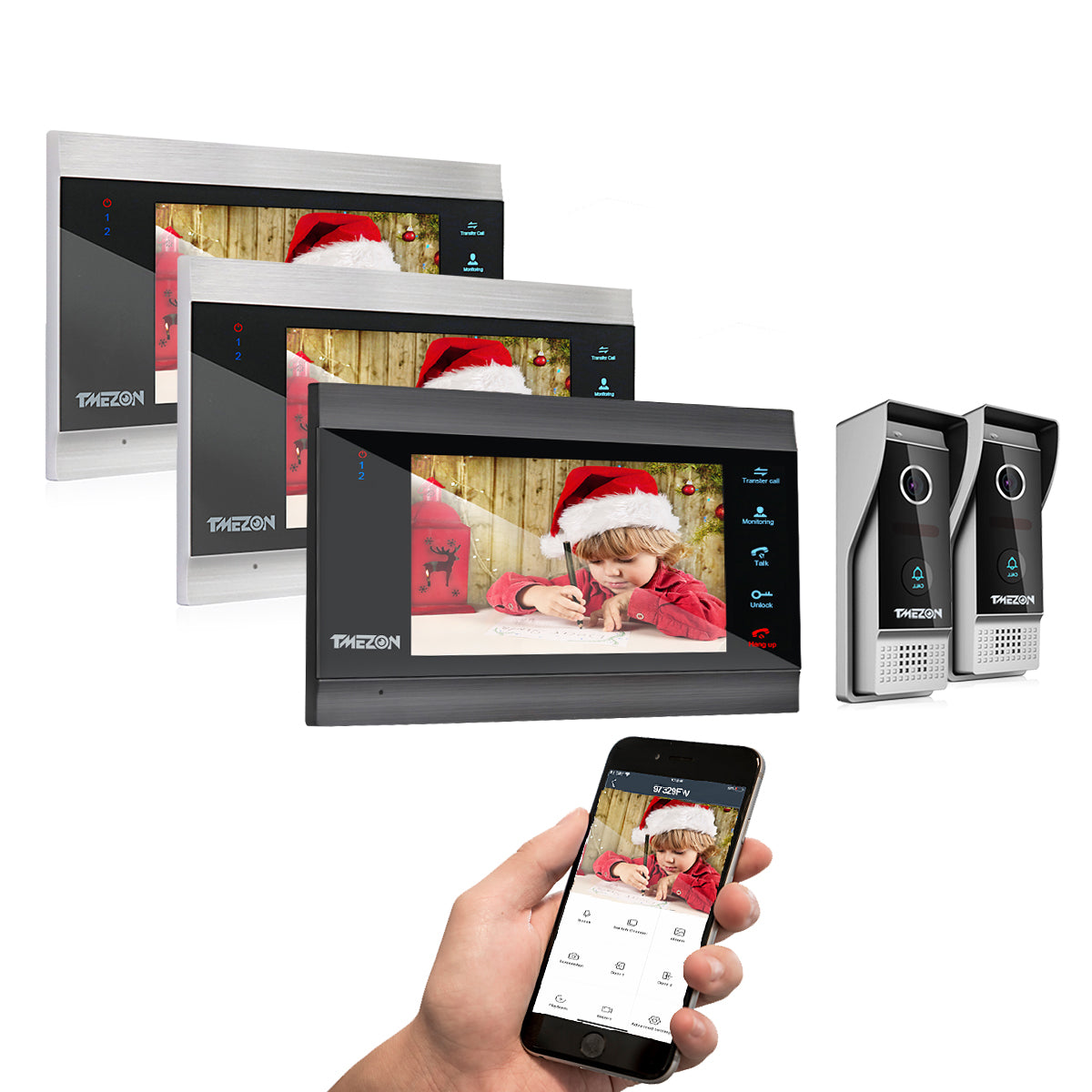 【NEW TUYA 1080P】TMEZON 7 Inch Wireless Wifi Smart Video DoorPhone Intercom System with 2 Monitor + 1 Rainproof Doorbell Camera