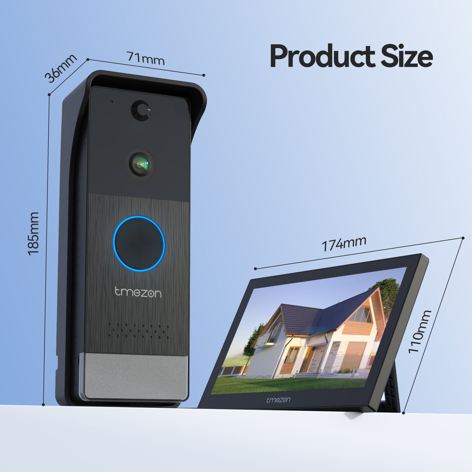 TMEZON Wireless WiFi Video Doorbell with 7" Touchscreen, 1080P HD Doorbell Camera with Solar Powered, 160° Wide Angle, Two-Way Audio, PIR Motion Detection, App Control, 2.4/5GHz WiFi, Night Vision