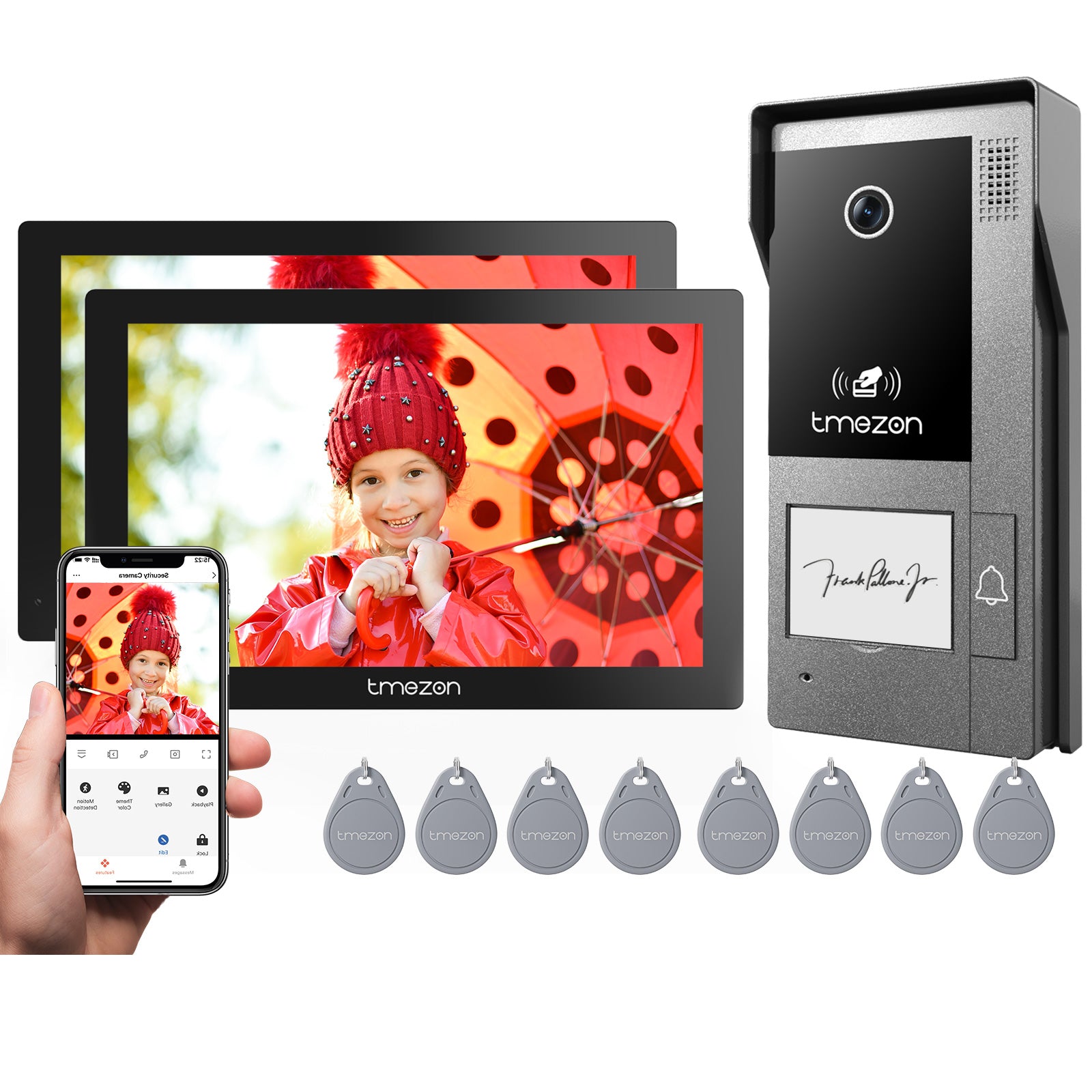 TMEZON 2 Way Audio Intercom System, Monitor with Doorbell, Unlocking with RFID Cards, Monitor or APP, Human Motion Detection, 2-Wire Doorphone