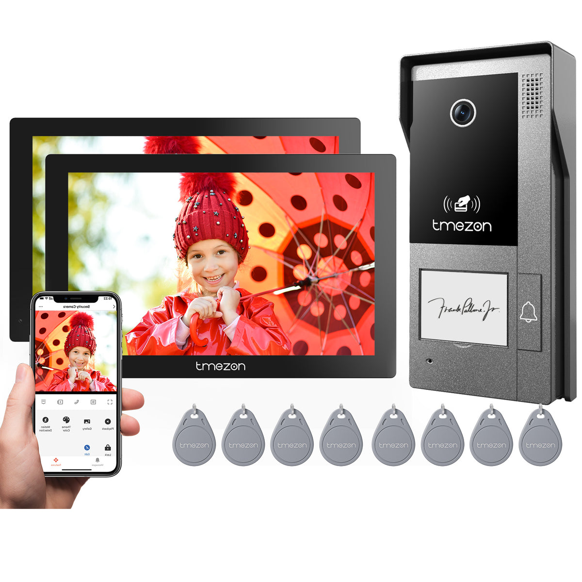 TMEZON 2 Way Audio Intercom System, Monitor with Doorbell, Unlocking with RFID Cards, Monitor or APP, Human Motion Detection, 2-Wire Doorphone