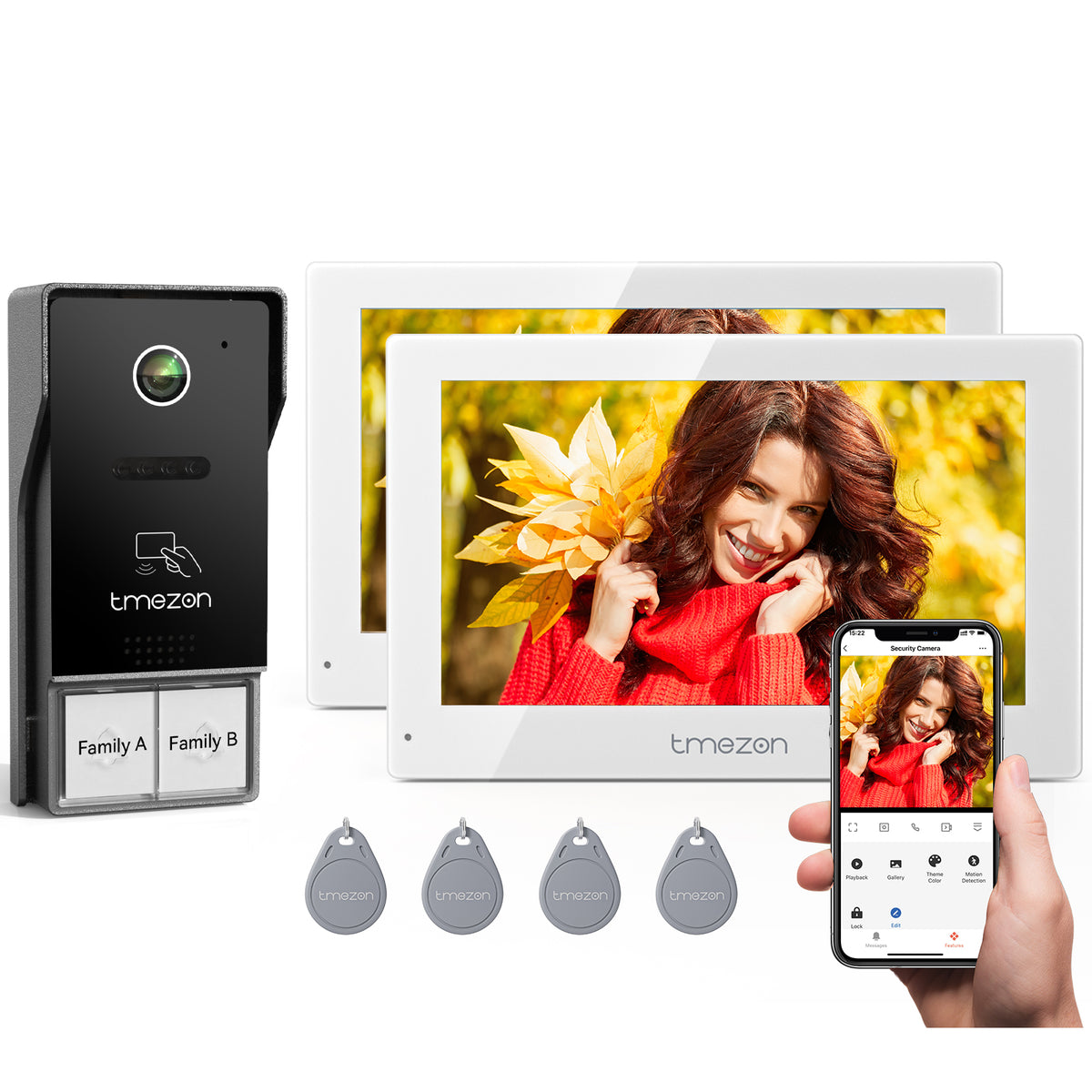 TMEZON 2 Wires Intercom System, HD Monitor with 1080P Doorbell, 2-Way Audio, Remote Unlock, 3 Unlocking, APP/ RFID/ Monitor, Used in 1 & 2 Families