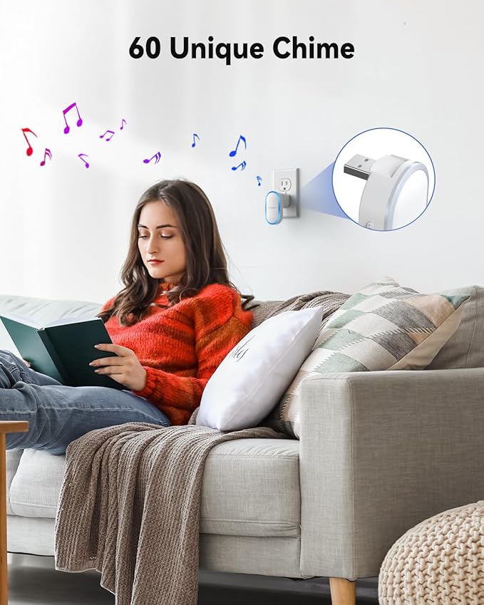 TMEZON Wireless Doorbell with USB Receiver, 60 Melodies, 5 Volume Levels, Colorful RGB Doorbell for Home, Plug & Play   MZ-DC1