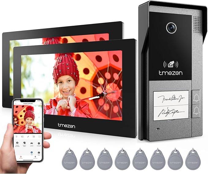 TMEZON 2 Way Audio Intercom System, Monitor with Doorbell, Unlocking with RFID Cards, Monitor or APP, Human Motion Detection, 2-Wire Doorphone
