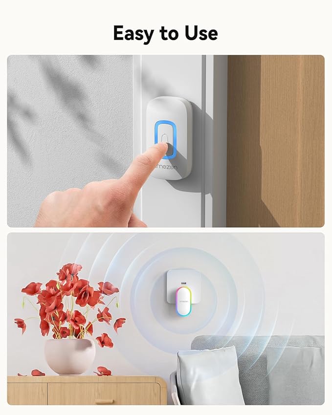 TMEZON Wireless Doorbell with USB Receiver, 60 Melodies, 5 Volume Levels, Colorful RGB Doorbell for Home, Plug & Play   MZ-DC1