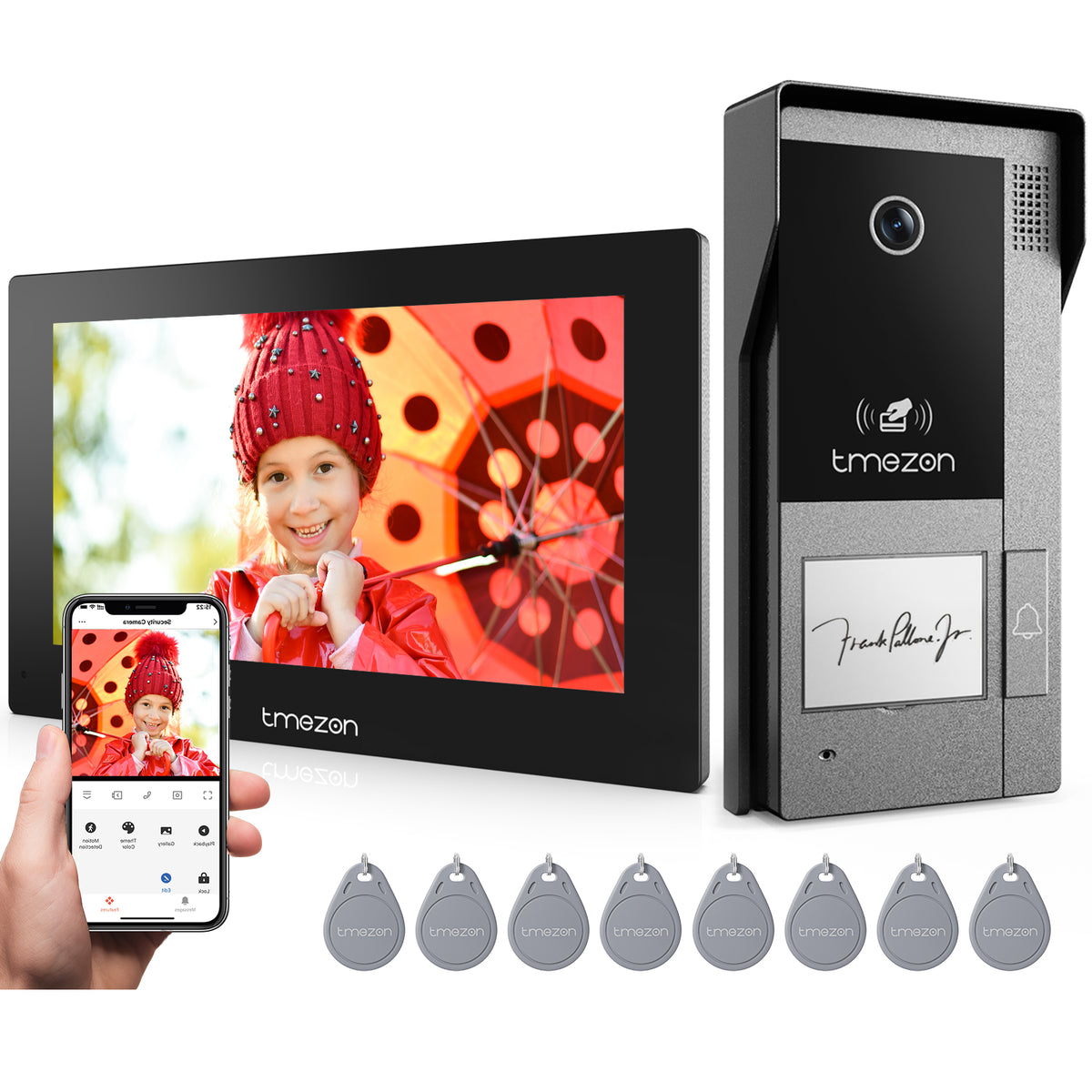 TMEZON 2 Way Audio Intercom System, Monitor with Doorbell, Unlocking with RFID Cards, Monitor or APP, Human Motion Detection, 2-Wire Doorphone