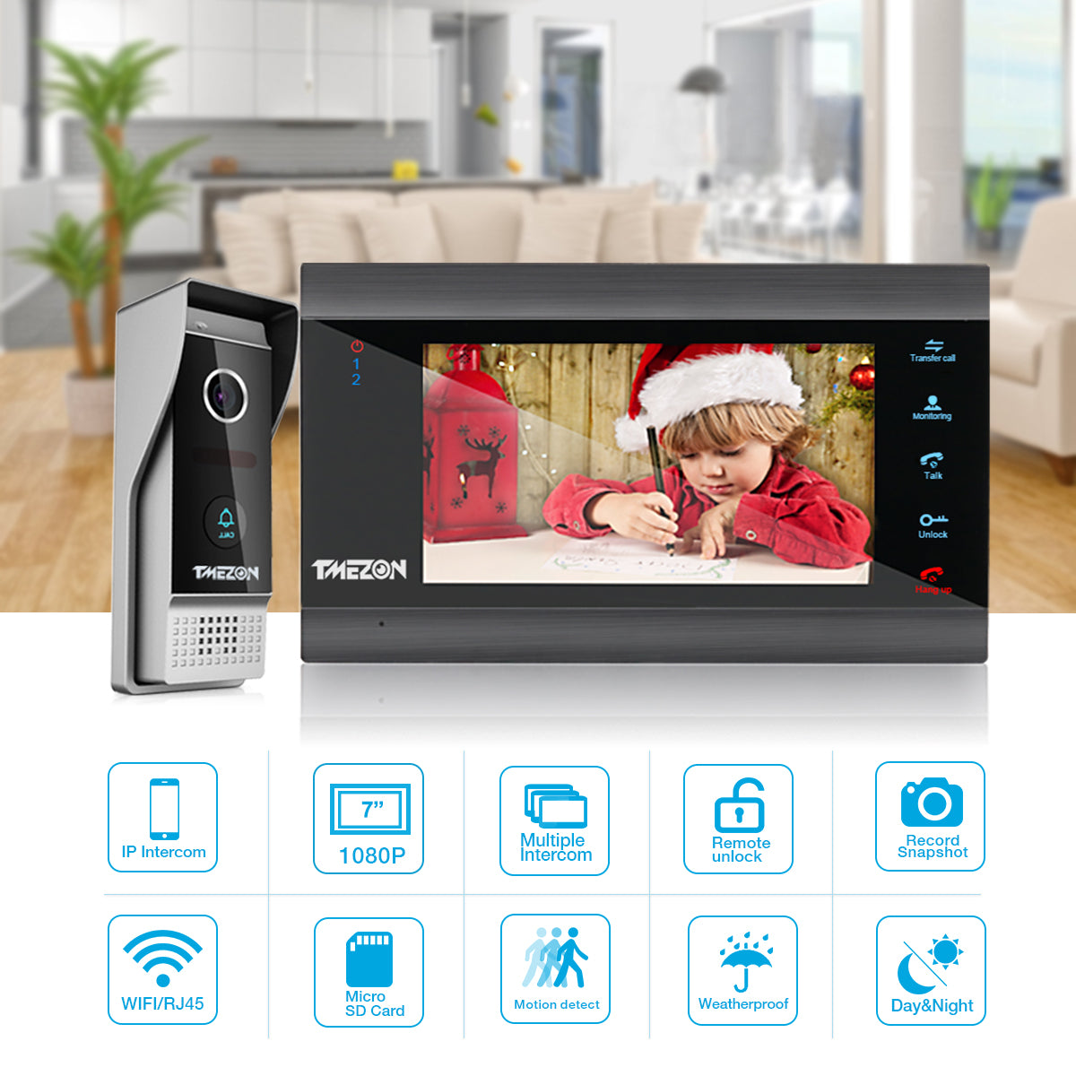 TMEZON Home Intercom System Wireless WiFi Smart IP Video Doorbell 7 Inch with 1200TVL Wired Doorbell