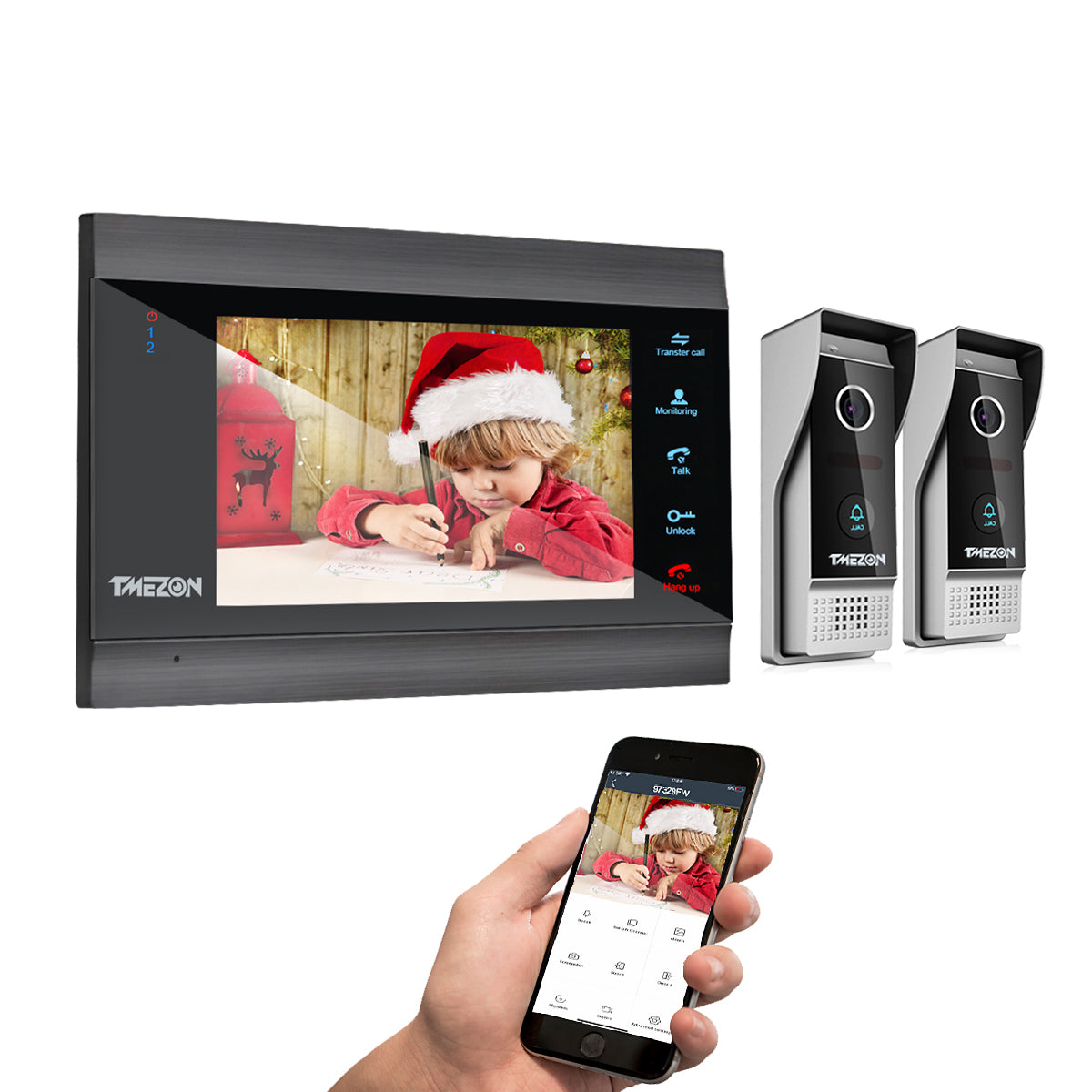 TMEZON Home Intercom System Wireless WiFi Smart IP Video Doorbell 7 Inch with 1200TVL Wired Doorbell